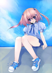 Rule 34 | 1girl, brown hair, child, female focus, full body, original, outdoors, saibashi, shoes, short hair, skirt, sky, solo, twintails