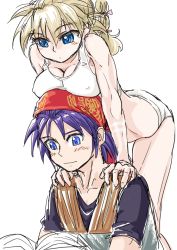 Rule 34 | 1990s (style), 1boy, 1girl, arched back, bandana, blonde hair, blue eyes, blush, book, breast rest, breasts, breasts on head, character request, chrono cross, cleavage, clothes lift, collarbone, covered erect nipples, embarrassed, hetero, kid (chrono cross), open book, purple hair, red bandana, retro artstyle, s-a-murai, shirt, shirt lift, simple background, sketch, tank top, toned, wavy mouth, white background, white shirt