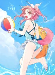 Rule 34 | 1girl, ass, ball, barefoot, beachball, blue one-piece swimsuit, breasts, cloud, feet, hair ribbon, holding, holding swim ring, innertube, itsuki (s2 129), kneepits, long hair, looking at viewer, millie chliette, one-piece swimsuit, open mouth, pink eyes, pink hair, pointy ears, ponytail, ribbon, scowl, solo, star ocean, star ocean anamnesis, star ocean first departure, swim ring, swimsuit, thighs, water