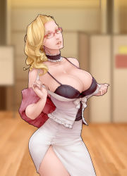 Rule 34 | 1girl, ballroom e youkoso, black bra, blonde hair, blurry, bra, breasts, choker, cleavage, clothes pull, depth of field, dress, glasses, highres, hyoudou marisa, large breasts, long hair, materclaws, mature female, mole, mole under mouth, pencil skirt, pulled by self, red-framed eyewear, side slit, skirt, standing, underwear, upper body, white dress, yellow eyes