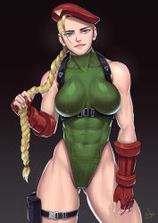 Rule 34 | 1girl, absurdres, ahoge, black background, blonde hair, blue eyes, braid, breasts, cammy white, capcom, chest harness, collarbone, commentary, covered abs, covered navel, english commentary, facing viewer, fingerless gloves, forehead, gloves, gluteal fold, green leotard, hair over shoulder, harness, head tilt, highleg, highleg leotard, highres, huge ahoge, impossible clothes, impossible leotard, large breasts, leotard, lips, long hair, looking at viewer, muscular, muscular female, pouch, red gloves, revision, signature, smile, solo, speedl00ver, standing, street fighter, street fighter v, thick thighs, thigh pouch, thigh strap, thighs, twin braids, vambraces