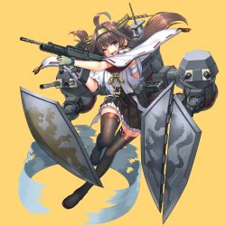 Rule 34 | 10s, 1girl, absurdres, assault rifle, bad id, bad pixiv id, blue eyes, brown hair, bullpup, eotech, gloves, gun, hairband, harumaki haruki, highres, kantai collection, kongou (kancolle), long hair, machinery, nontraditional miko, one eye closed, open mouth, rifle, sarashi, simple background, skirt, smile, solo, turret, vertical forward grip, weapon
