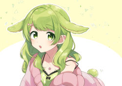 Rule 34 | 1girl, animal ears, black bow, bow, camisole, green camisole, green eyes, green hair, hair bow, highres, jewelry, long hair, looking at viewer, morinaka kazaki, necklace, nijisanji, off shoulder, outline, pink bow, pink sweater, polka dot camisole, rabbit ears, rabbit tail, solo, strap slip, sweater, tail, virtual youtuber, white outline, yuama (drop)