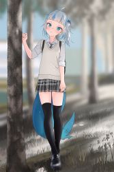 Rule 34 | 1girl, absurdres, ahoge, alternate costume, black footwear, black skirt, black thighhighs, blue eyes, blunt bangs, blush, closed mouth, collared shirt, fins, fish tail, forest, frown, full body, gawr gura, grass, head tilt, highres, hololive, hololive english, looking at viewer, lucasyecla99, nature, necktie, one side up, outdoors, plaid, plaid necktie, plaid skirt, school uniform, shark tail, shirt, skirt, sleeves rolled up, solo, standing, sweater vest, tail, thighhighs, virtual youtuber