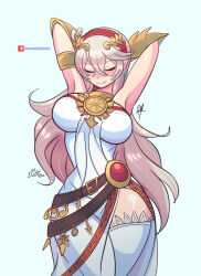 Rule 34 | 1girl, armpits, arms behind head, bare shoulders, breasts, corrin (female) (fire emblem), corrin (fire emblem), cosplay, dress, fire emblem, fire emblem fates, hairband, highres, kid icarus, kid icarus uprising, large breasts, long hair, nintendo, palutena, palutena (cosplay), raydango, smile, solo, white dress, white hair