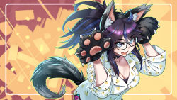 Rule 34 | :d, agustinus, ahoge, animal ear fluff, animal ears, animal hands, banana, black-framed eyewear, blue eyes, blue hair, breasts, choker, cleavage, commentary, english commentary, food, food print, fruit, glasses, highres, kson, large breasts, long hair, looking at viewer, multicolored hair, open mouth, paw pose, piercing, ponytail, purple hair, shirt, smile, souchou, spiked choker, spikes, streaked hair, tail, tongue, tongue piercing, virtual youtuber, vshojo, white shirt, wolf ears, wolf girl, wolf tail