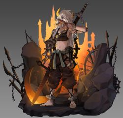 Rule 34 | 1girl, absurdres, anchor, armor, artist name, belt, black nails, brown gloves, brown pants, chain, character name, copyright request, elbow pads, eungi, full body, gloves, glowing, grey background, hand up, highres, horns, looking at viewer, midriff, nail polish, navel, pants, planted, rock, sandals, sheath, sheathed, shoulder armor, solo, standing, sword, weapon, wheel, white hair