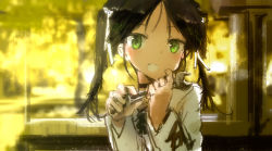 Rule 34 | 1girl, backlighting, black hair, blurry, blush, choker, fang, francesca lucchini, green eyes, grin, hair ribbon, happy, highres, kabuyama kaigi, long hair, looking at viewer, ribbon, sketch, smile, solo, strike witches, twintails, uniform, upper body, world witches series, wrench, yellow theme