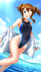 Rule 34 | 1girl, black one-piece swimsuit, blue eyes, blue sky, brown hair, cloud, commentary request, competition swimsuit, day, dutch angle, highleg, highleg swimsuit, highres, jacket, konoe haruka, long hair, love live!, love live! school idol festival, mountain, multicolored clothes, multicolored swimsuit, ocean, one-piece swimsuit, one eye closed, open clothes, open jacket, open mouth, outdoors, round teeth, running, sidelocks, sky, solo, swimsuit, teeth, tsuchimiya, twintails, upper teeth only, water, white jacket