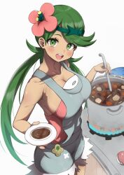 1girl blush breasts cooking cooking_pot creatures_(company) dark-skinned_female dark_skin flower food game_freak green_hair hair_flower hair_ornament large_breasts long_hair mallow_(pokemon) nagyiiie nintendo overall_shorts overalls pokemon pokemon_sm short sideboob twintails very_long_hair white_background