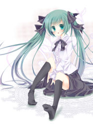 Rule 34 | 1girl, bad id, bad pixiv id, female focus, frills, green eyes, green hair, hatsune miku, kneehighs, long hair, matching hair/eyes, open mouth, plant, sitting, skirt, socks, solo, twintails, very long hair, vocaloid, white background, yonema