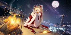 Rule 34 | bare legs, barefoot, bikini, black bikini, blonde hair, butt crack, campfire, character request, clouble, dragon tail, eating, feet, full body, highres, lighthouse, long hair, long scarf, moon, night, official art, red: pride of eden, red hair, scarf, soles, solo, swimsuit, tail, toes, twintails, very long hair, water