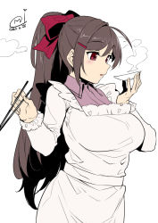 Rule 34 | 1girl, apron, blush, bow, breasts, brown hair, chopsticks, dated, hair between eyes, hair bow, hair ornament, hairclip, happa (cloverppd), holding, holding chopsticks, kantai collection, kappougi, large breasts, long hair, long sleeves, mamiya (kancolle), parted lips, ponytail, red bow, red eyes, shirt, signature, simple background, solo, steam, white background