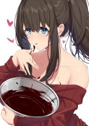 Rule 34 | 1girl, :p, alternate costume, alternate hairstyle, armpit crease, black hair, bowl, chocolate, chocolate making, chocolate on hand, collarbone, food on hand, fuurin restia, heart, highres, holding, holding bowl, idolmaster, idolmaster cinderella girls, looking away, nape, off-shoulder shirt, off shoulder, ponytail, sagisawa fumika, shirt, simple background, solo, striped clothes, striped shirt, tasting, tongue, tongue out, upper body, vertical stripes, white background