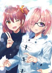 Rule 34 | 2girls, ;d, absurdres, ahoge, akamizuki (akmzk), bad id, bad pixiv id, black sweater, blush, brown eyes, fate/grand order, fate (series), fujimaru ritsuka (female), glasses, gloves, hair between eyes, hair ornament, hair over one eye, hair scrunchie, hand on another&#039;s hip, head tilt, highres, long hair, mash kyrielight, mash kyrielight (fgo x lawson), multiple girls, official alternate costume, one eye closed, open mouth, orange hair, pink hair, purple gloves, scrunchie, side ponytail, smile, sweater, v, yellow scrunchie