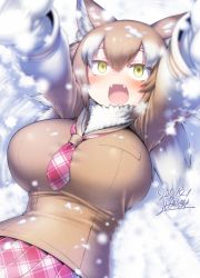 Rule 34 | 1girl, animal ear fluff, animal ears, arms up, blush, breast pocket, breasts, brown hair, dated, day, empty eyes, fangs, fur collar, gloves, green eyes, hair between eyes, happy, highres, impossible clothes, japanese wolf (kemono friends), kemono friends, large breasts, long hair, long sleeves, looking up, lying, multicolored hair, necktie, on back, open mouth, outdoors, outstretched arms, plaid, plaid necktie, plaid neckwear, plaid skirt, pocket, sailor collar, signature, skirt, smile, snow, snowing, solo, sweater, two-tone hair, upper body, white gloves, white hair, wolf ears, yoshida hideyuki