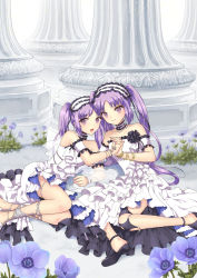 Rule 34 | 2girls, bare shoulders, bracelet, choker, day, dress, euryale (fate), fate/grand order, fate/hollow ataraxia, fate (series), flower, garden, headband, highres, holding hands, interlocked fingers, jewelry, legs, lolita fashion, long hair, looking at viewer, multiple girls, open mouth, outdoors, pillar, plant, purple eyes, purple hair, sandals, siblings, sisters, smile, stheno (fate), thighs, twins, very long hair