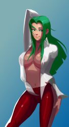 Rule 34 | 1girl, arm up, breasts, capcom, contrapposto, eyeshadow, green eyes, green hair, large breasts, long hair, makeup, matching hair/eyes, morganagod, morrigan aensland, navel, no bra, open clothes, open shirt, pants, red pants, shirt, simple background, smile, solo, standing, unbuttoned, vampire (game)