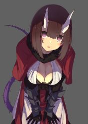Rule 34 | 1girl, black bra, black gloves, blush, bow, bra, breasts, broken horn, brown hair, capelet, cleavage, demon girl, demon horns, elbow gloves, eriko (princess connect!), fur-trimmed capelet, fur trim, gauntlets, gloves, grey background, highres, horns, large breasts, leaning forward, looking at viewer, momiji oroshi, open mouth, princess connect!, purple eyes, red capelet, short hair, simple background, solo, spiked tail, tail, underwear, waist bow