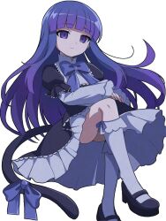 1girl black_footwear blue_eyes blue_hair blunt_bangs cat_tail closed_mouth crossed_legs expressionless frederica_bernkastel hat highres lolita_fashion looking_at_viewer niyane sidelocks socks solo tail umineko_no_naku_koro_ni white_socks wide_sleeves witch_hat