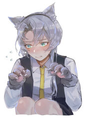 Rule 34 | 1girl, adapted costume, animal ears, animal hands, asymmetrical hair, black vest, claws, dress shirt, flipped hair, gloves, grey eyes, grey hair, hagioshi, highres, kantai collection, knees, long sleeves, necktie, nowaki (kancolle), official alternate costume, paw gloves, school uniform, shirt, simple background, solo, squatting, swept bangs, tail, vest, white background, wolf ears, wolf tail, yellow necktie