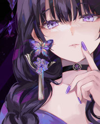 Rule 34 | 1girl, black background, black choker, braid, bug, butterfly, butterfly earrings, choker, close-up, diamond (shape), earrings, finger to mouth, gem, genshin impact, hair over shoulder, hyatsu, insect, jewelry, light smile, long hair, looking at viewer, low-braided long hair, low-tied long hair, nail polish, parted lips, purple butterfly, purple eyes, purple hair, purple nails, purple theme, raiden shogun, raised eyebrows, solo, upper body
