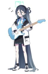 Rule 34 | 1girl, :d, absurdly long hair, aris (blue archive), black hair, black skirt, blue archive, blue necktie, closed eyes, doremi, electric guitar, full body, guitar, hair between eyes, halo, highres, holding, holding instrument, instrument, jacket, long hair, long sleeves, music, musical note, necktie, official art, open mouth, shoes, side ponytail, simple background, singing, skirt, smile, solo, standing, very long hair, white background, white footwear, white jacket
