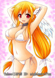 Rule 34 | 1girl, angel wings, armpits, astraea (sora no otoshimono), bikini, blonde hair, blush, breasts, chain, collar, covered erect nipples, head wings, large breasts, long hair, looking at viewer, navel, nightmare77zx, red eyes, side-tie bikini bottom, smile, sora no otoshimono, strap gap, swimsuit, twintails, underboob, wings