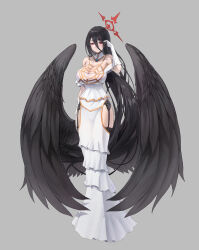 Rule 34 | 1girl, absurdres, albedo (overlord), albedo (overlord) (cosplay), alternate costume, black garter belt, black garter straps, black hair, black wings, blue archive, bolcham, breasts, cleavage, commentary request, cosplay, double-parted bangs, dress, elbow gloves, feathered wings, garter belt, garter straps, gloves, grey background, hair between eyes, halo, hasumi (blue archive), highres, hip vent, large breasts, long bangs, looking at viewer, low wings, overlord (maruyama), red eyes, red halo, simple background, solo, strapless, strapless dress, white dress, white gloves, wings