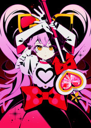 Rule 34 | #compass, 1girl, black background, bow, gloves, heart, holding, holding wand, long hair, magical girl, multicolored background, nou (nounknown), orange eyes, pink hair, pink shirt, puffy short sleeves, puffy sleeves, red background, red bow, red skirt, ririka (#compass), shirt, short sleeves, skirt, twintails, wand, white gloves