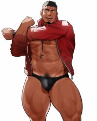 Rule 34 | 1boy, abs, bara, bare pectorals, black hair, black male swimwear, facial hair, highres, jacket, large pectorals, male focus, male swimwear, muscular, muscular male, navel, nipples, open clothes, open jacket, open mouth, original, pectorals, red jacket, sakuramarusan, short hair, smile, solo, thick thighs, thighs, watch, whistle, whistle around neck, wristwatch