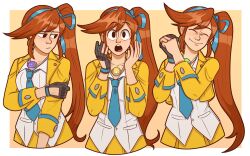 Rule 34 | 1girl, :o, ^ ^, ace attorney, athena cykes, black gloves, blue bow, blue necktie, blue ribbon, border, bow, closed eyes, collarbone, cowboy shot, gloves, hair between eyes, hair bow, hair ribbon, highres, interlocked fingers, jacket, jewelry, long hair, looking at viewer, looking to the side, multiple views, necklace, necktie, open clothes, open jacket, outside border, partially fingerless gloves, paula peroff, red hair, ribbon, shirt, side ponytail, skirt, white border, white shirt, yellow jacket, yellow skirt