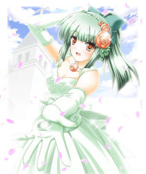 Rule 34 | 10s, 1girl, :d, alternate costume, blurry, bow, breasts, brown eyes, building, cleavage, depth of field, dress, elbow gloves, flower, flower on head, gloves, green hair, hair bow, hair flower, hair ornament, hair ribbon, jewelry, kantai collection, medium breasts, nanatsuki (arca-nize), open mouth, petals, ponytail, reaching, ribbon, ring, rose, sky, smile, solo, sparkle, wedding band, wedding dress, yuubari (kancolle)