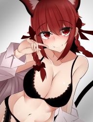 Rule 34 | 1girl, animal ears, arm support, bare shoulders, black bra, blush, bow, bra, braid, breasts, cat ears, cat tail, cleavage, enami (puusannnemuiyo), eyes visible through hair, finger to cheek, full-face blush, garter straps, gradient background, hair between eyes, highres, kaenbyou rin, large breasts, looking at viewer, navel, off shoulder, red eyes, red hair, smile, solo, tail, touhou, twin braids, underwear, upper body