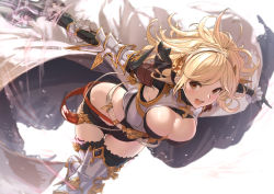 Rule 34 | 1girl, akita hika, armor, belt, black gloves, black thighhighs, blonde hair, blush, breasts, brown eyes, cape, cleavage, cleavage cutout, clothing cutout, commentary request, djeeta (granblue fantasy), elbow gloves, gloves, granblue fantasy, hairband, highres, large breasts, leaning forward, looking at viewer, open mouth, relic buster (granblue fantasy), short hair, solo, sword, thighhighs, thighs, weapon, white cape