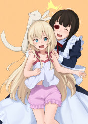 Rule 34 | 10s, 2girls, age difference, animal, apron, bare arms, bare shoulders, black dress, black hair, blonde hair, bloomers, blue eyes, cat, closed eyes, collarbone, collared dress, commentary request, dress, eyepatch, feet out of frame, frilled dress, frills, hands on another&#039;s shoulders, highres, juliet sleeves, kamoi tsubame, lkqyan, long hair, long sleeves, loungewear, maid, maid apron, motion lines, multiple girls, neck ribbon, onee-loli, open mouth, orange background, puffy sleeves, red neckwear, ribbon, shirt, short hair, sidelocks, simple background, sleeveless, sleeveless shirt, smile, standing, takanashi misha, uchi no maid ga uzasugiru!, underwear, white apron, white shirt, yuri