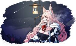 Rule 34 | 1girl, animal ears, arknights, black dress, breasts, cleavage, cup, curly hair, dress, highres, holding, holding cup, jacket, lantern, large breasts, long hair, long sleeves, mug, night, night sky, open clothes, open jacket, outdoors, pink eyes, pink hair, pozyomka (arknights), pozyomka (snowy plains in words) (arknights), shima (wideshi ma), shooting star, sky, solo, star (sky), starry sky, upper body, very long hair, white jacket, wolf ears, wolf girl