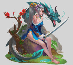 Rule 34 | 1girl, bangle, bare shoulders, bracelet, dragon, eyepatch, flower, forehead, hairpiece, highres, jewelry, katana, maomao, original, ponytail, puddle, silver hair, sitting, solo, stone, sword, tattoo, weapon, yin yang