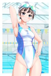Rule 34 | 1girl, absurdres, armpits, black hair, blue eyes, breasts, cameltoe, clock, clothes writing, commentary request, competition swimsuit, covered navel, goggles, goggles on head, groin, hand on own hip, highres, indoors, lane line, one-piece swimsuit, original, pool, presenting armpit, small breasts, solo, string of flags, swim cap, swimsuit, takafumi, white headwear, white one-piece swimsuit