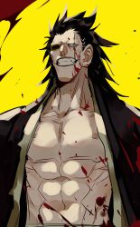 Rule 34 | 1boy, abs, absurdres, black eyes, bleach, blood, blood on clothes, blood on face, collarbone, eyepatch, hair pulled back, highres, japanese clothes, long hair, male focus, open clothes, open shirt, pectorals, scar, scar across eye, shihakusho, shinigami, smile, solo, spiked hair, upper body, xi luo an ya, yellow background, zaraki kenpachi