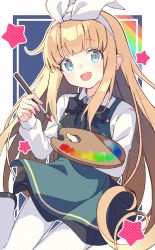 Rule 34 | 1girl, :d, black bow, black bowtie, blonde hair, blue eyes, blunt bangs, border, bow, bow hairband, bowtie, collared shirt, dress, green dress, hairband, holding, holding paintbrush, holding palette, long hair, long sleeves, looking at viewer, open mouth, original, outline, paint, paintbrush, palette (object), pantyhose, polka dot, rainbow order, shirt, sidelocks, smile, star (symbol), white border, white hairband, white outline, white pantyhose, white shirt, zoirun
