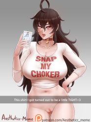 Rule 34 | 1girl, aestheticc-meme, ahoge, artist name, black hair, bottomless, breasts, choker, cleavage, cleft of venus, clothes writing, collarbone, curvy, english text, fake phone screenshot, fake screenshot, fuck-me shirt, grey background, heart, heart-shaped pupils, highres, holding, holding phone, huge breasts, long hair, looking at viewer, mature female, meme attire, navel, phone, pussy, raven branwen, red eyes, rwby, shirt, snap my choker (phrase), snapchat, solo, stomach, symbol-shaped pupils, thick thighs, thighs, uncensored, white shirt