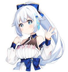 Rule 34 | + +, 1girl, black shirt, blue bow, blue eyes, blue hair, bow, breasts, closed mouth, collared shirt, commentary request, cosmo ruru, cropped torso, detached sleeves, dress, dress shirt, grey hair, hair bow, hair ornament, hands up, high ponytail, highres, indie virtual youtuber, large breasts, long hair, long sleeves, looking at viewer, meito (maze), multicolored hair, ponytail, puffy long sleeves, puffy sleeves, shirt, simple background, sleeveless, sleeveless shirt, smile, solo, star (symbol), star hair ornament, streaked hair, upper body, very long hair, virtual youtuber, white background, white dress, white sleeves