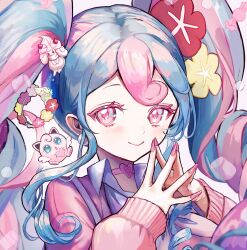 Rule 34 | 1girl, absurdres, alcremie, cardigan, choker, comfey, creatures (company), earrings, fairy miku (project voltage), flower, game freak, gen 1 pokemon, gen 7 pokemon, gen 8 pokemon, hair flower, hair ornament, hatsune miku, heart, heart choker, highres, jewelry, jigglypuff, looking at viewer, multicolored hair, nail polish, nintendo, pink cardigan, pink nails, pipi, pokemon, pokemon (creature), project voltage, smile, twintails, two-tone hair, vocaloid