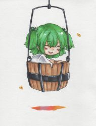 Rule 34 | 1girl, blush, bucket, closed eyes, female focus, green hair, hair bobbles, hair ornament, in bucket, in container, kisume, ponpoko, short hair, smile, solo, touhou, twintails