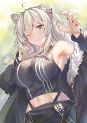 Rule 34 | 1girl, absurdres, ahoge, animal ears, armpits, black jacket, black nails, black shirt, black skirt, blush, breasts, cleavage, closed mouth, commentary, cowboy shot, cropped shirt, ear piercing, fingernails, fur-trimmed jacket, fur trim, grey eyes, hair between eyes, highres, hololive, jacket, jewelry, large breasts, lion ears, lips, long hair, looking at viewer, midriff, miniskirt, nail polish, navel, necklace, off shoulder, one eye closed, open clothes, open jacket, partially unzipped, piercing, see-through, see-through cleavage, sharp fingernails, shirt, shishiro botan, shishiro botan (1st costume), silver hair, skirt, sleeveless, sleeveless shirt, smile, solo, striped, togami (tobysou526), vertical stripes, virtual youtuber, zipper skirt