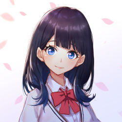 Rule 34 | black hair, blue eyes, blunt bangs, bow, bowtie, brown cardigan, cardigan, cardigan vest, cherry blossoms, closed mouth, commentary request, gridman universe, hair over shoulder, head tilt, long hair, looking at viewer, loose bowtie, pleated shirt, red bow, school uniform, shirt, sidelocks, simple background, smile, ssss.gridman, takarada rikka, uniform, w2398510474, white background, white shirt