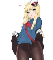 Rule 34 | 1girl, :d, atsumisu, bad id, bad pixiv id, black skirt, blonde hair, blue jacket, blush, brown pantyhose, clothes lift, commentary request, fate (series), flower, gloves, green eyes, grey rose, hat, heart, highres, jacket, lifted by self, long hair, long sleeves, lord el-melloi ii case files, open mouth, panties, panties under pantyhose, pantyhose, peaked cap, pleated skirt, red flower, red rose, reines el-melloi archisorte, rose, round teeth, simple background, skirt, skirt lift, smile, solo, teeth, tilted headwear, underwear, upper teeth only, very long hair, white background, white gloves, white hat