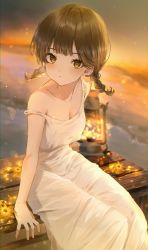 Rule 34 | 1girl, arm support, bare shoulders, blunt bangs, blurry, breasts, brown eyes, brown hair, collarbone, copyright request, depth of field, dress, flower, harui (hr x9 ), highres, lantern, looking at viewer, medium hair, parted lips, sitting, small breasts, solo, strap slip, wet, wet clothes, white dress