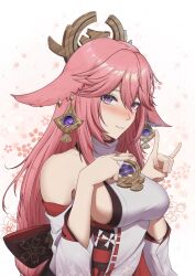 Rule 34 | 1girl, bare shoulders, blush, breasts, commentary request, detached sleeves, er gou daoren, genshin impact, grin, hands up, long hair, looking at viewer, medium breasts, nontraditional miko, nose blush, parted lips, pink hair, purple eyes, shirt, smile, solo, upper body, very long hair, white shirt, yae miko